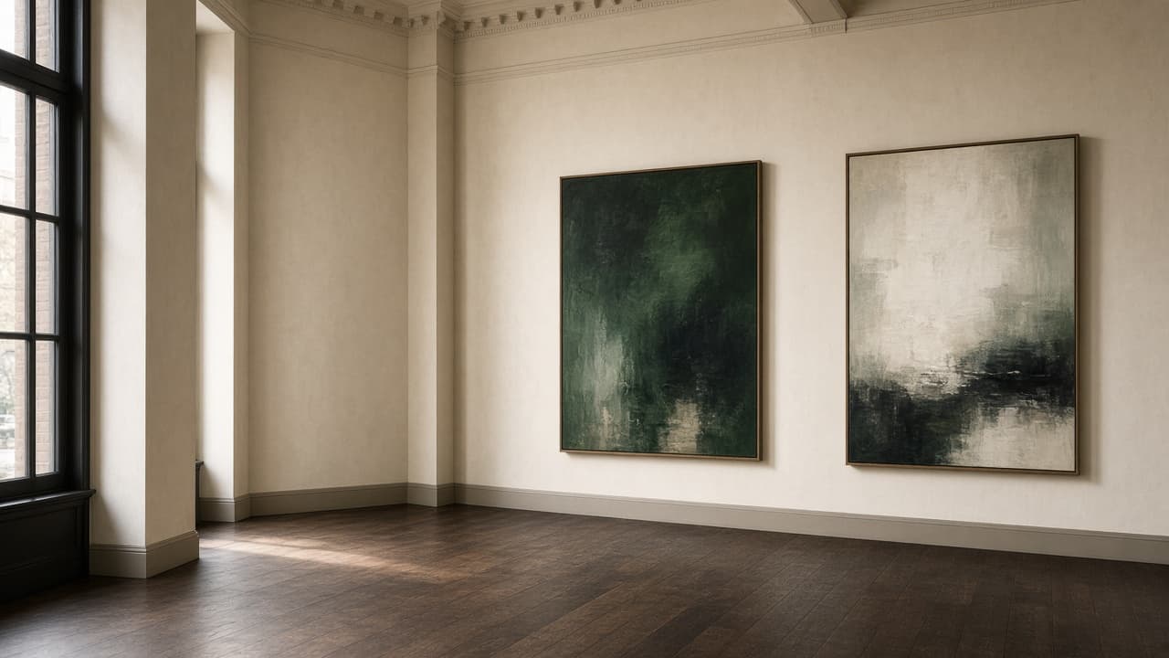 Gallery room in a historic townhouse, with two abstract paintings